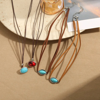 Casual Retro Oval Alloy Leather Rope Inlay Turquoise Resin Women'S Necklace