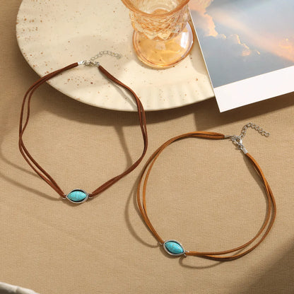 Casual Retro Oval Alloy Leather Rope Inlay Turquoise Resin Women'S Necklace