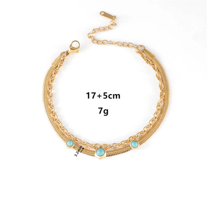 Casual Retro Round Titanium Steel Artificial Pearls Turquoise Zircon Bracelets In Bulk