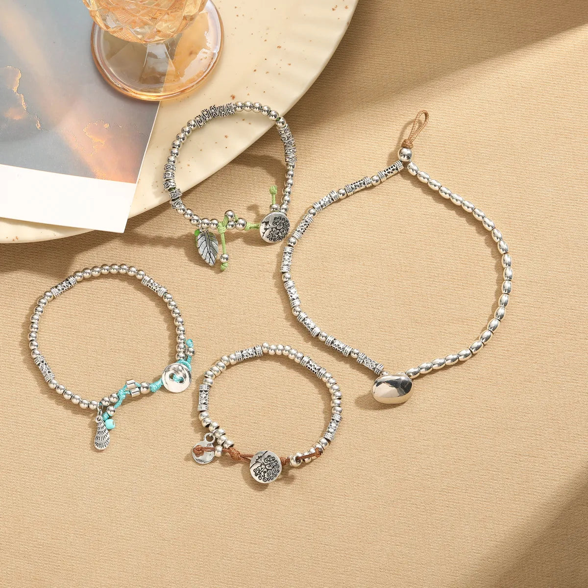 Casual Retro Round Tree Leaves Ccb Alloy Rope Beaded Unisex Bracelets