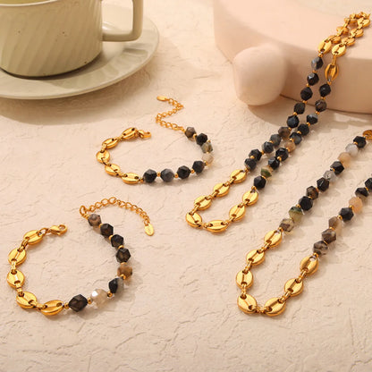 Casual Retro Simple Style Geometric Natural Stone Titanium Steel Beaded 18K Gold Plated Unisex Bracelets Necklace