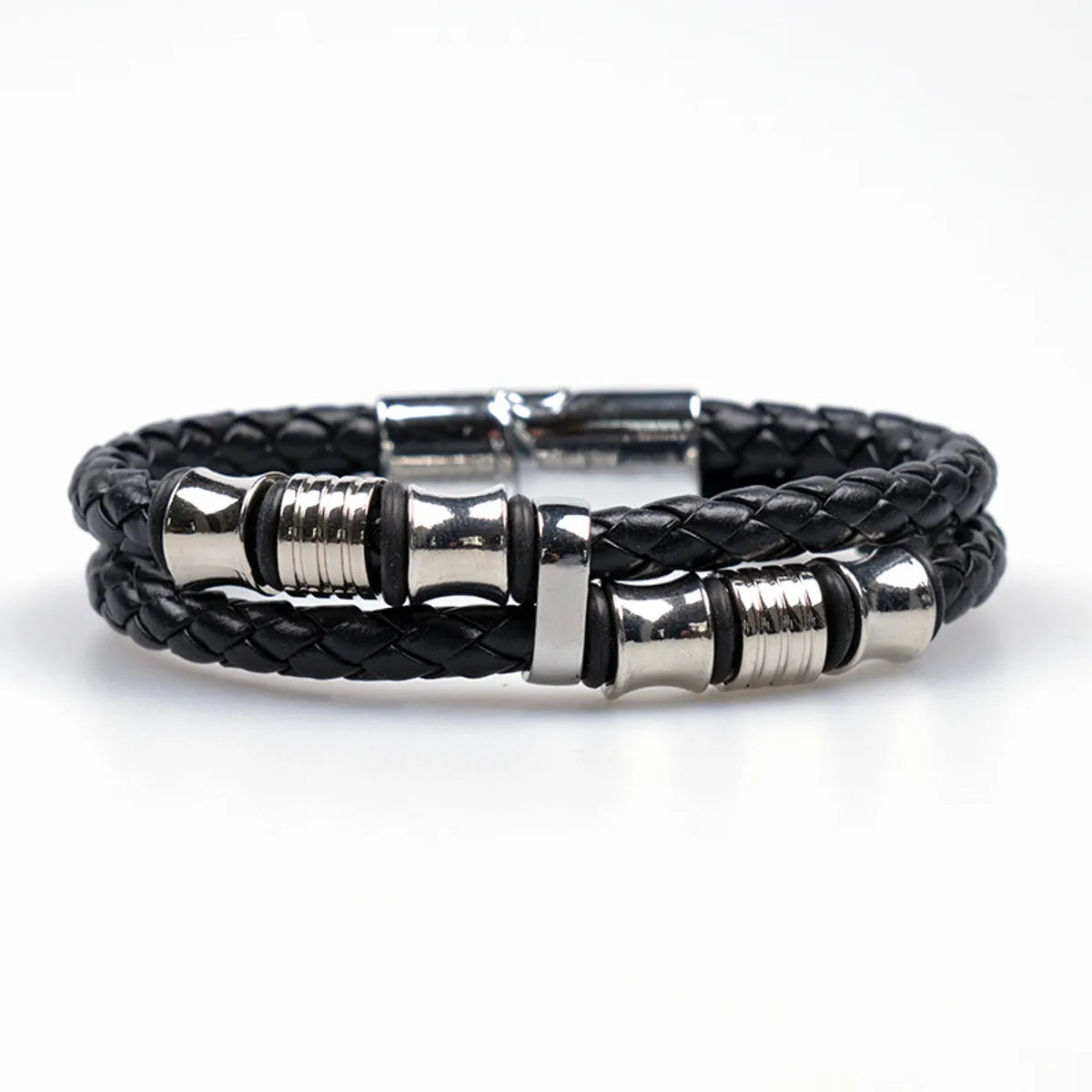 Casual Retro Simple Style Geometric Pu Leather Rubber Metal Layered Men'S Wristband