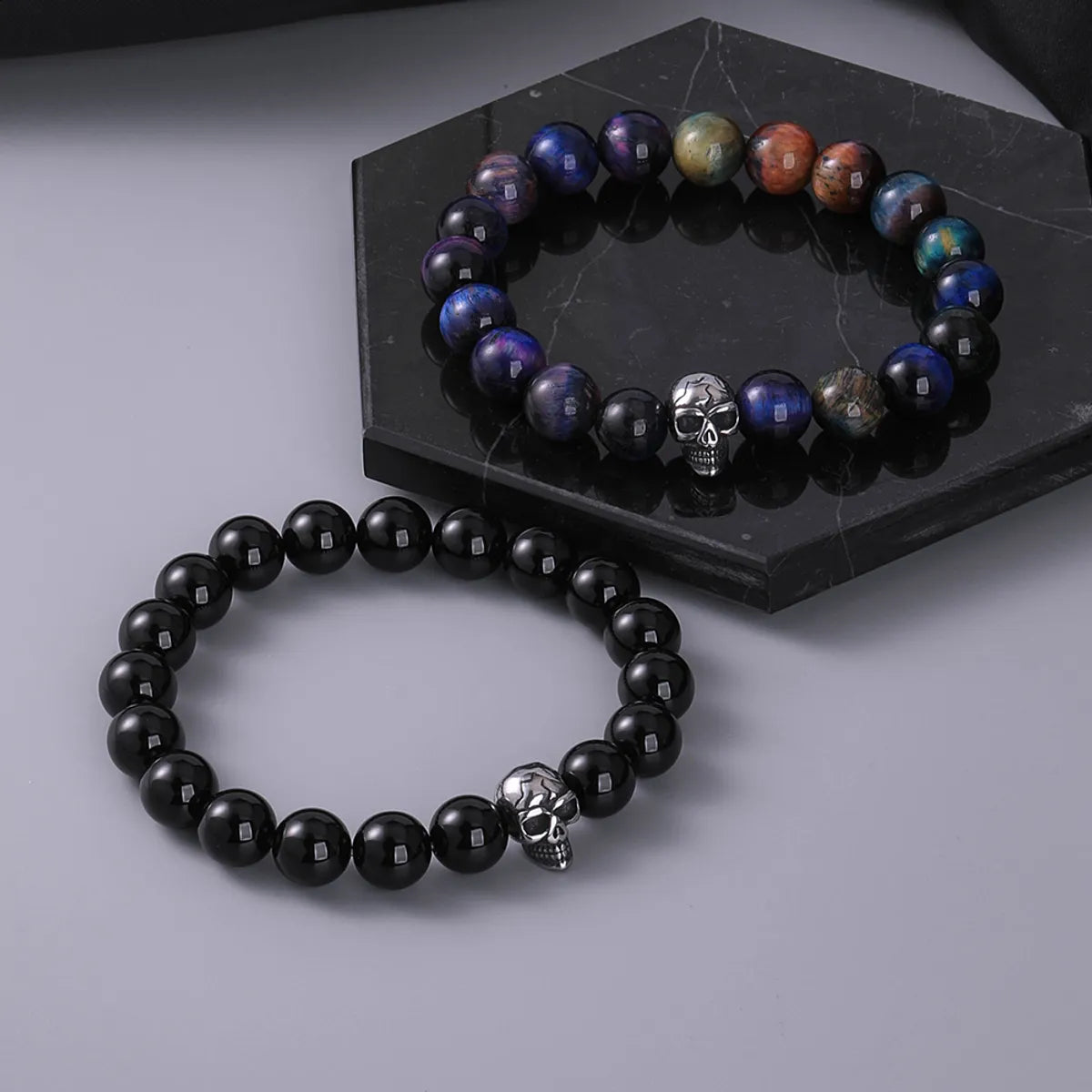 Casual Retro Skull Stainless Steel Agate Ore Beaded Unisex Bracelets