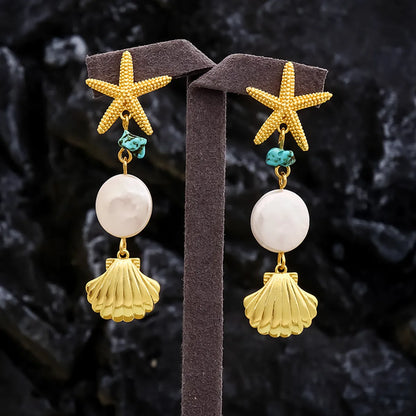 Casual Retro Starfish Shell Freshwater Pearl Copper Plating 18k Gold Plated Women'S Drop Earrings