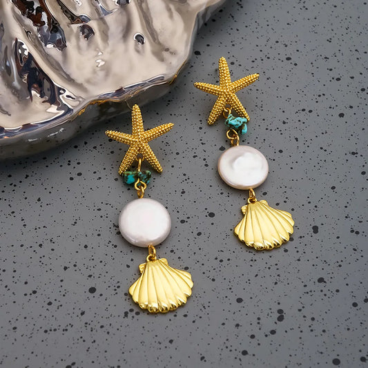 Casual Retro Starfish Shell Freshwater Pearl Copper Plating 18k Gold Plated Women'S Drop Earrings