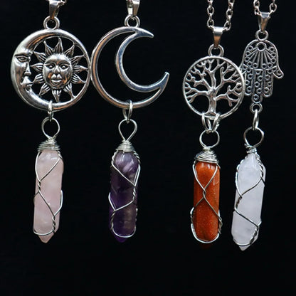 Casual Retro Sun Moon Tree Alloy Natural Stone Crystal Pendant Necklace In Bulk