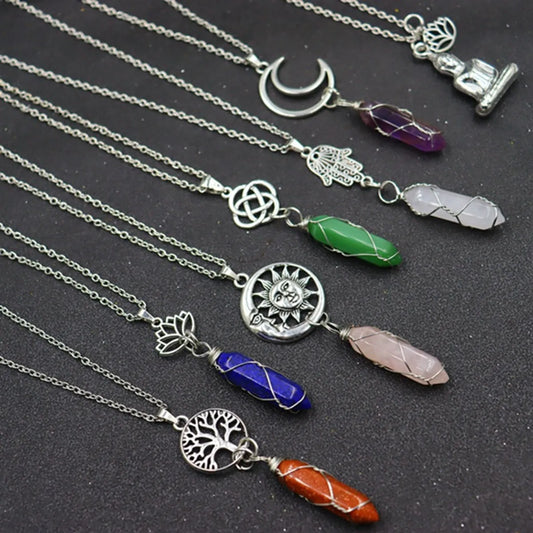 Casual Retro Sun Moon Tree Alloy Natural Stone Crystal Pendant Necklace In Bulk