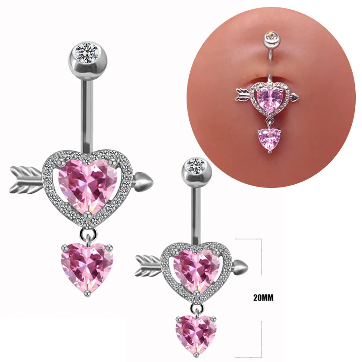 Casual Rock Heart Shape Stainless Steel Alloy Inlay Zircon White Gold Plated Silver Plated Belly Ring Nose Ring Nose Studs