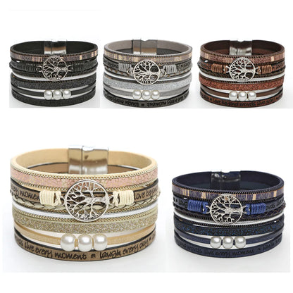 Casual Roman Style Tree Artificial Pearl Pu Leather Magnet Buckle Layered Women'S Wristband