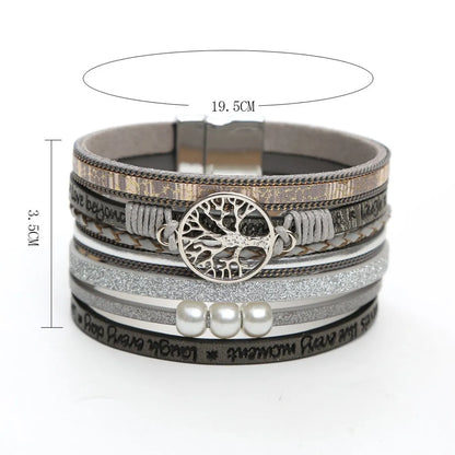 Casual Roman Style Tree Artificial Pearl Pu Leather Magnet Buckle Layered Women'S Wristband