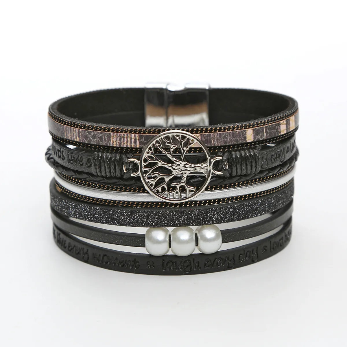 Casual Roman Style Tree Artificial Pearl Pu Leather Magnet Buckle Layered Women'S Wristband