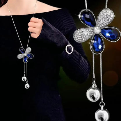 Casual Romantic Flower Silver Plated Artificial Rhinestones Glass Copper Zinc Alloy Wholesale Pendant Necklace Sweater Chain