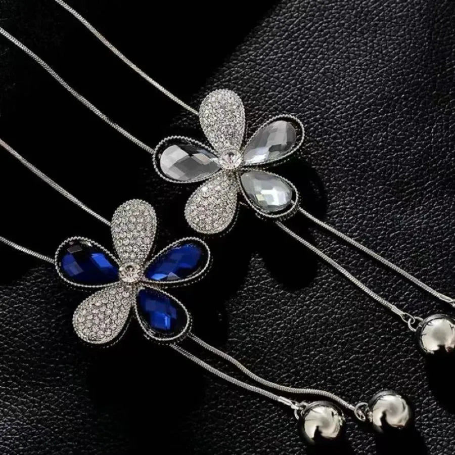 Casual Romantic Flower Silver Plated Artificial Rhinestones Glass Copper Zinc Alloy Wholesale Pendant Necklace Sweater Chain