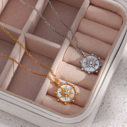 Casual Round Star Stainless Steel Necklace Inlay Shell Zircon Stainless Steel Necklaces