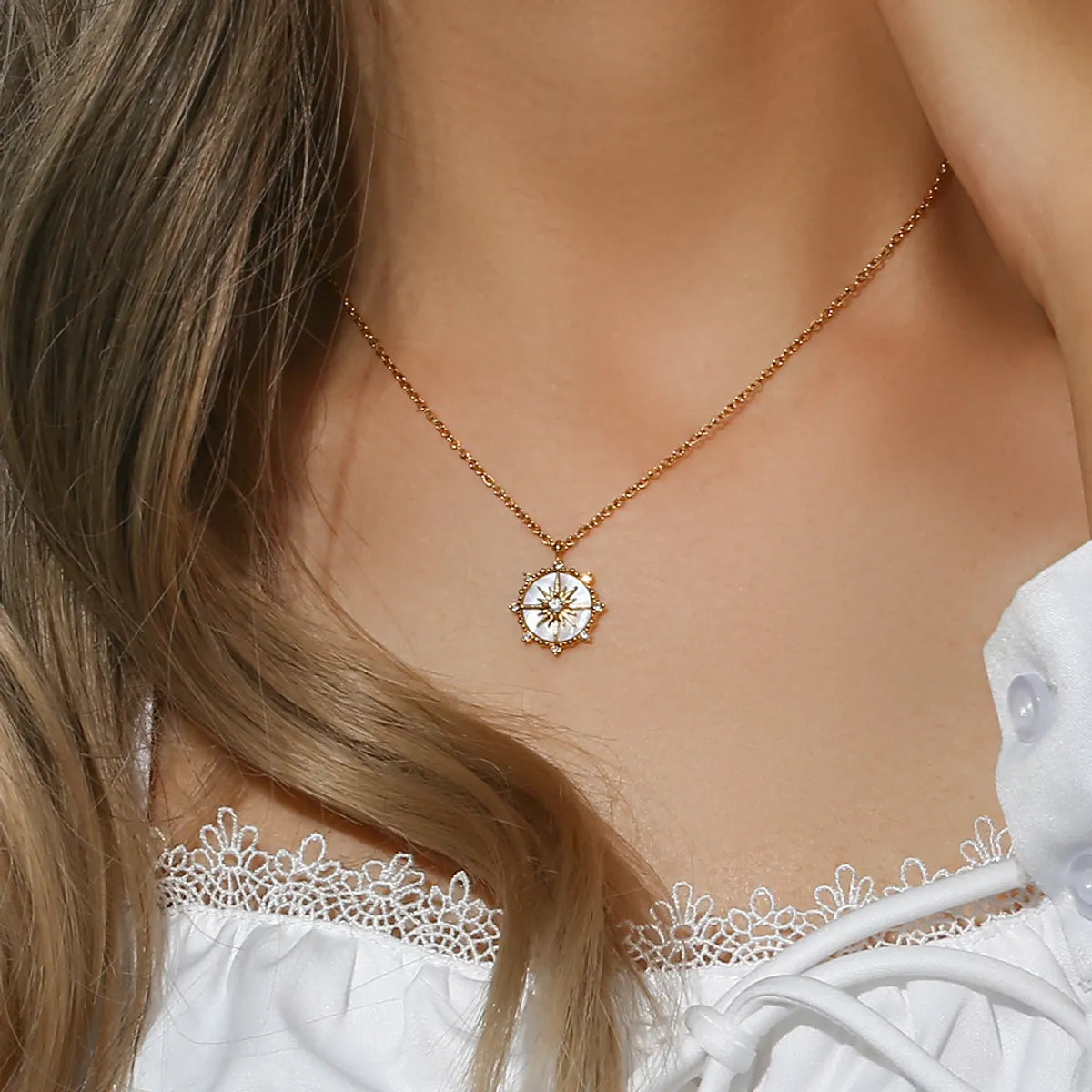 Casual Round Star Stainless Steel Necklace Inlay Shell Zircon Stainless Steel Necklaces