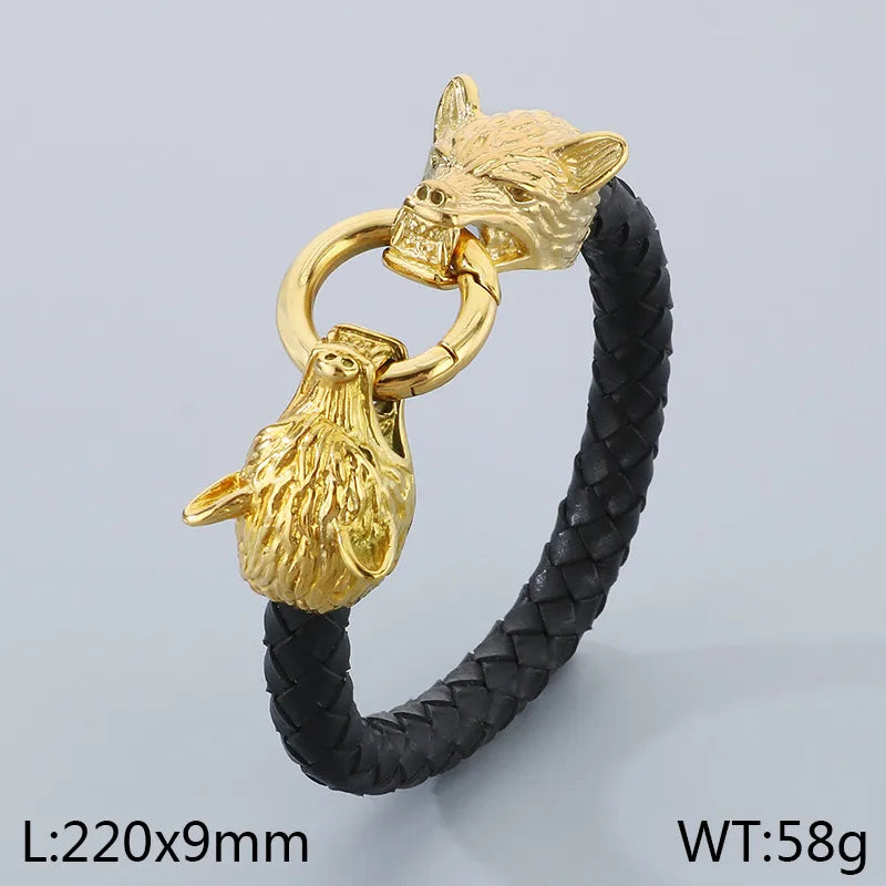 Casual Simple Style Animal Feather Skull 304 Stainless Steel Cowhide Leather 18K Gold Plated Men'S Bangle