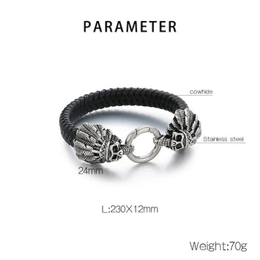 Casual Simple Style Animal Feather Skull 304 Stainless Steel Cowhide Leather 18K Gold Plated Men'S Bangle