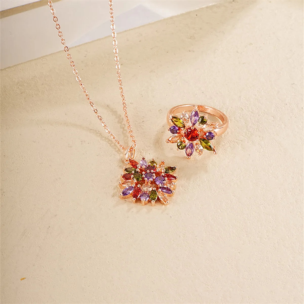 Casual Simple Style Classic Style Flower Copper Plating Inlay Zircon Rose Gold Plated Rings Necklace