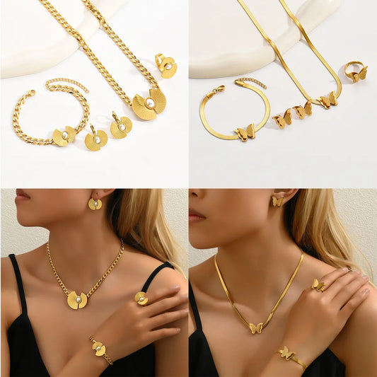 Stainless Steel 18K Gold Plated Casual Simple Style Commute Plating Inlay Butterfly Artificial Pearls Jewelry Set