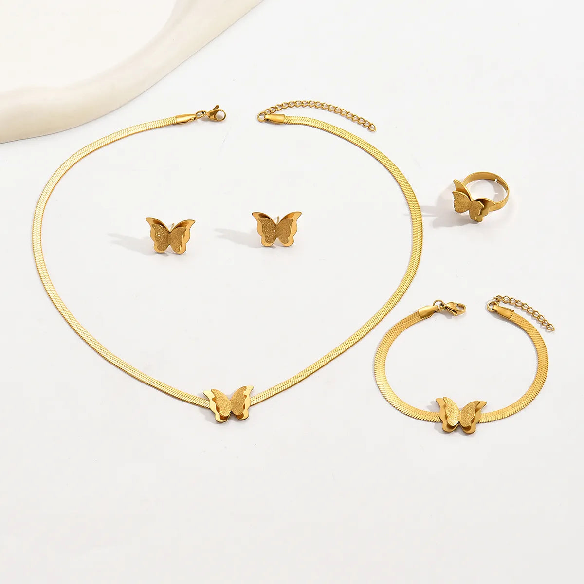 Stainless Steel 18K Gold Plated Casual Simple Style Commute Plating Inlay Butterfly Artificial Pearls Jewelry Set