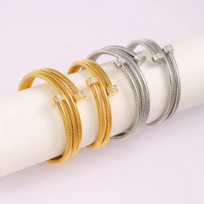 Casual Simple Style Commute Circle Round 304 Stainless Steel 18K Gold Plated Rhinestones Bangle In Bulk