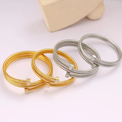 Casual Simple Style Commute Circle Round 304 Stainless Steel 18K Gold Plated Rhinestones Bangle In Bulk