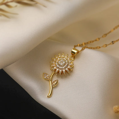 Casual Simple Style Commute Flower Copper Plating Inlay Zircon 18k Gold Plated Pendant Necklace