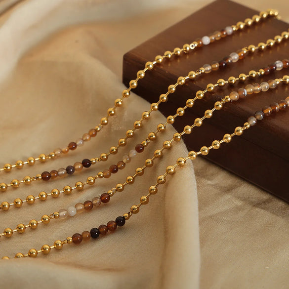 Casual Simple Style Commute Round Natural Stone Titanium Steel Beaded Plating 18k Gold Plated Necklace