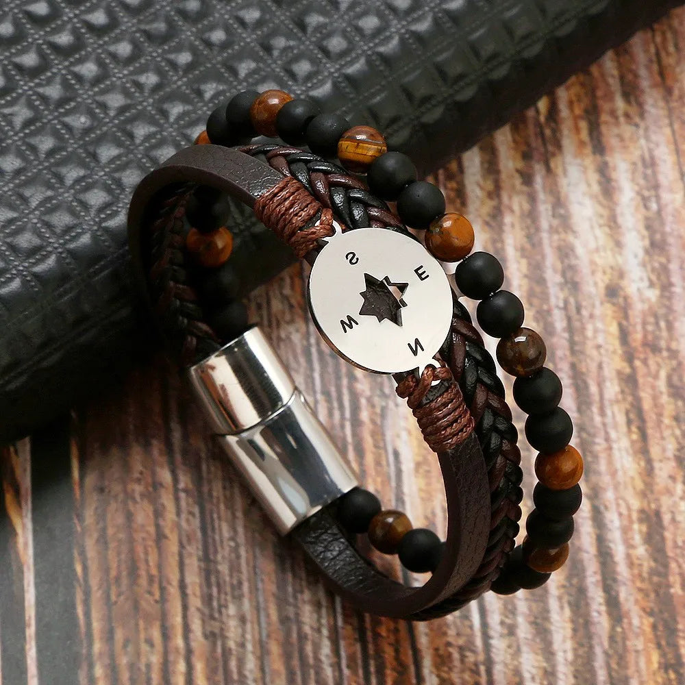 Casual Simple Style Compass Stainless Steel Pu Leather Men'S Bangle