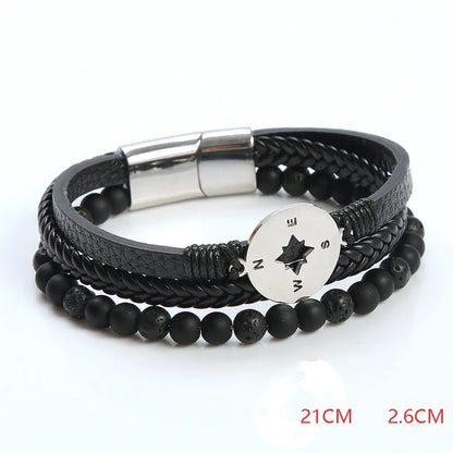 Casual Simple Style Compass Stainless Steel Pu Leather Men'S Bangle