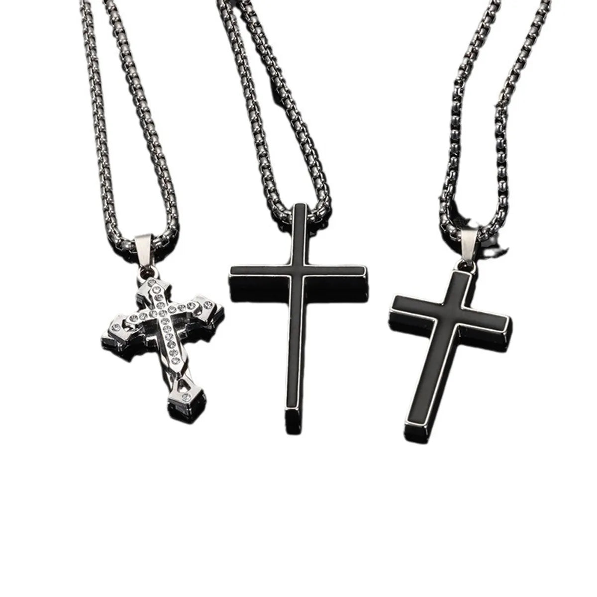 Casual Simple Style Cross Alloy Titanium Steel Enamel Inlay Rhinestones Unisex Pendant Necklace