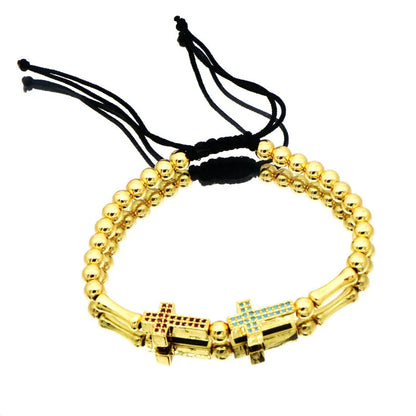 Casual Simple Style Cross Heart Shape Mushroom 18K Gold Plated Zircon Rope Copper Wholesale Bracelets