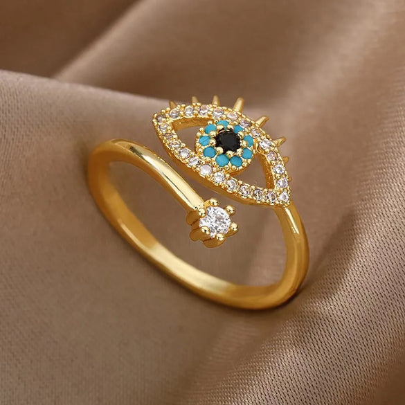 Casual Simple Style Devil'S Eye Copper Gold Plated Zircon Open Ring In Bulk