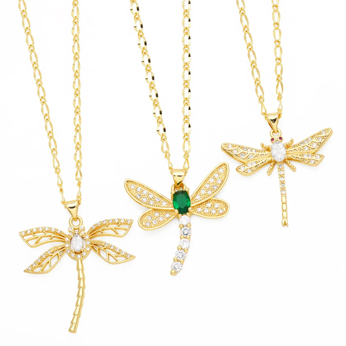 Casual Simple Style Dragonfly Stainless Steel Copper Plating Inlay Zircon 18k Gold Plated Pendant Necklace Long Necklace