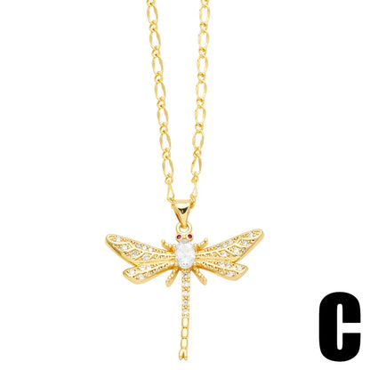 Casual Simple Style Dragonfly Stainless Steel Copper Plating Inlay Zircon 18k Gold Plated Pendant Necklace Long Necklace