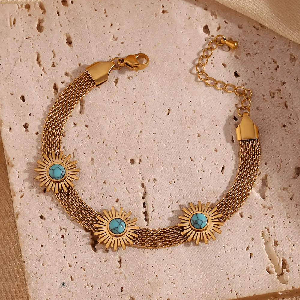 Casual Simple Style Flower 304 Stainless Steel 18K Gold Plated Turquoise Bracelets In Bulk