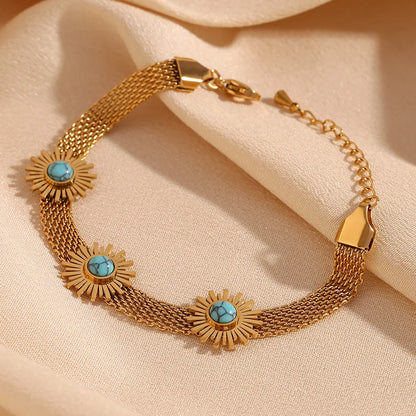 Casual Simple Style Flower 304 Stainless Steel 18K Gold Plated Turquoise Bracelets In Bulk