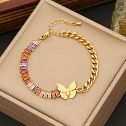 Casual Simple Style Four Leaf Clover Devil's Eye Butterfly Stainless Steel Plating Inlay Zircon Bracelets