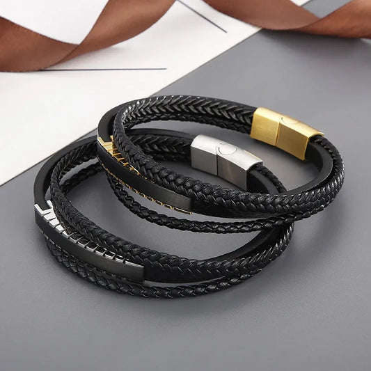 Casual Simple Style Geometric Stainless Steel Cowhide Braid Men'S Bangle