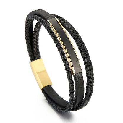 Casual Simple Style Geometric Stainless Steel Cowhide Braid Men'S Bangle