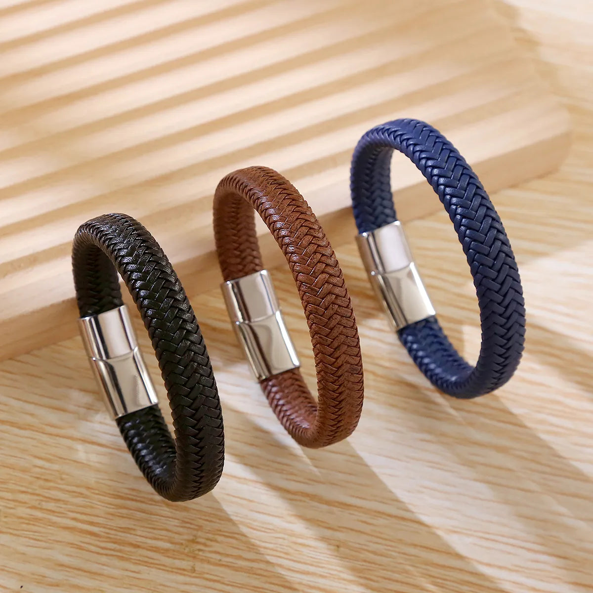 Casual Simple Style Geometric Stainless Steel Leather Braid Men'S Bangle