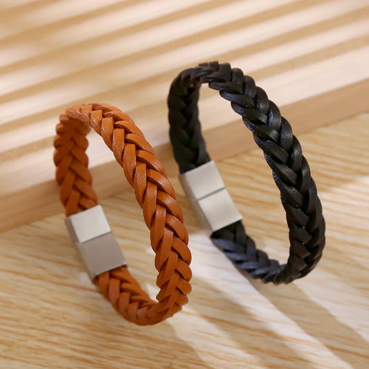 Casual Simple Style Geometric Stainless Steel Pu Leather Braid Unisex Bracelets