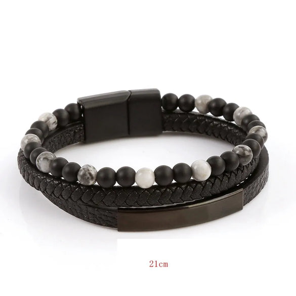 Casual Simple Style Geometric Stainless Steel Pu Leather Natural Stone Beaded Men'S Wristband