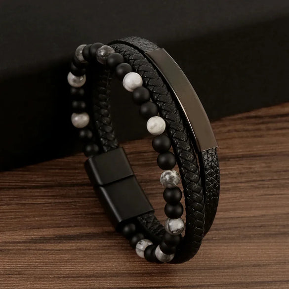Casual Simple Style Geometric Stainless Steel Pu Leather Natural Stone Beaded Men'S Wristband