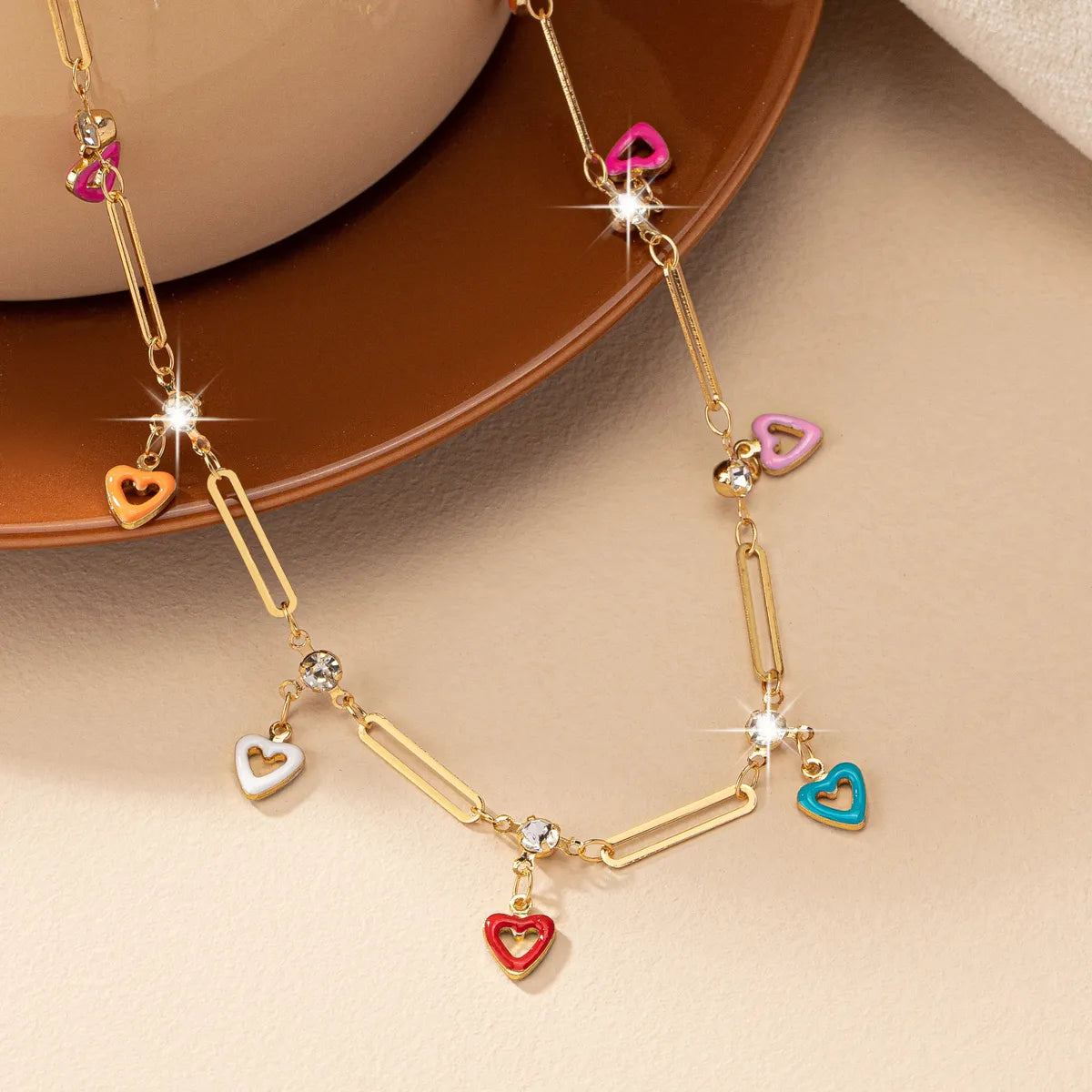 Casual Simple Style Heart Shape Alloy Enamel Plating Inlay Rhinestones Women'S Necklace