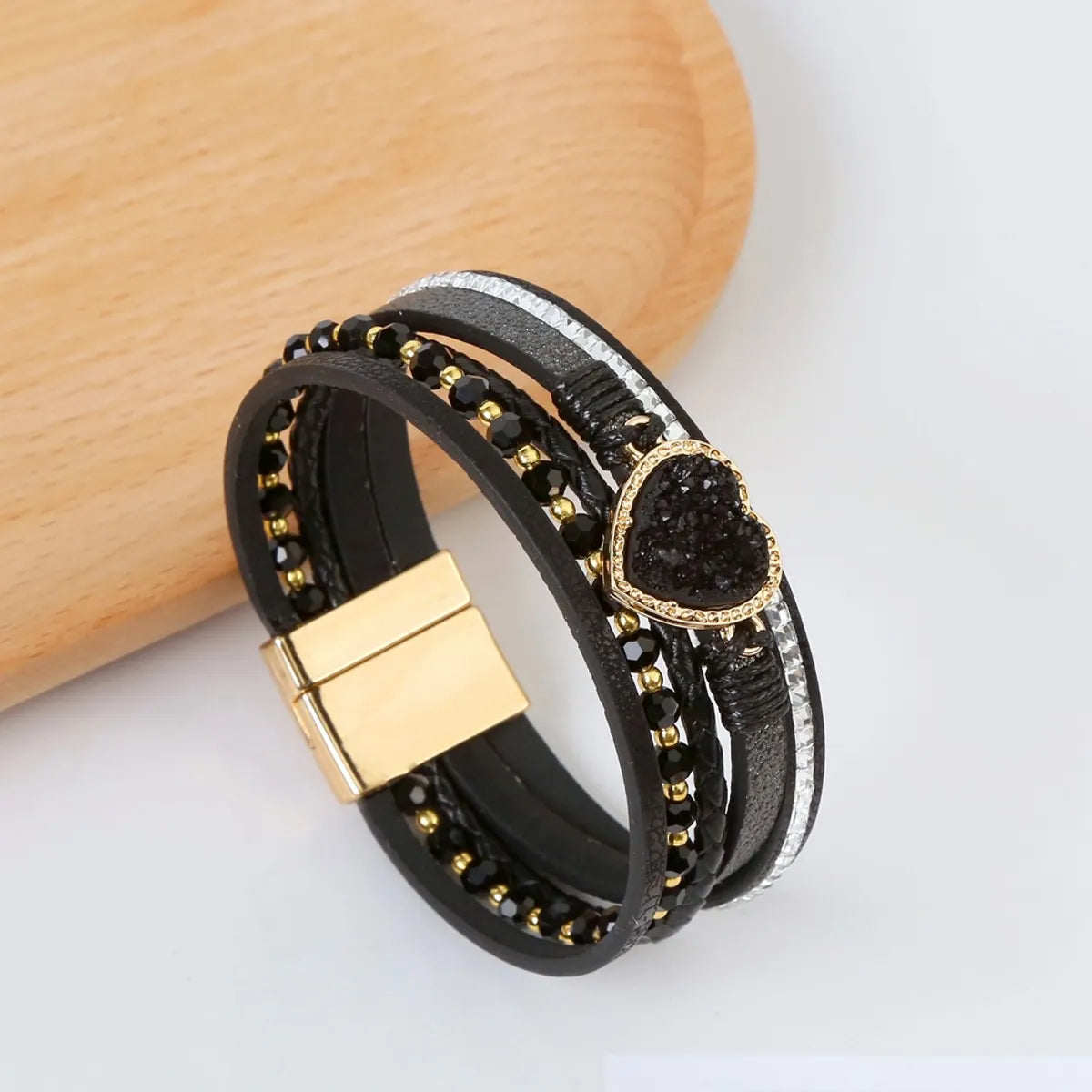 Casual Simple Style Heart Shape Pu Leather Alloy Inlay Rhinestones Women's Wristband