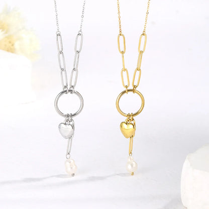 Casual Simple Style Heart Shape Solid Color Stainless Steel Pearl Plating 14k Gold Plated Pendant Necklace