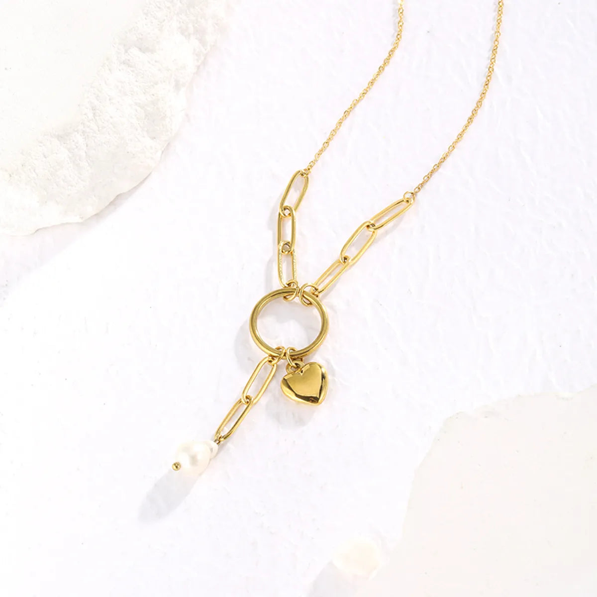 Casual Simple Style Heart Shape Solid Color Stainless Steel Pearl Plating 14k Gold Plated Pendant Necklace