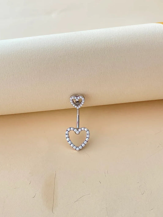 Casual Simple Style Heart Shape Stainless Steel Alloy Plating Hollow Out Inlay Artificial Pearls White Gold Plated Belly Ring