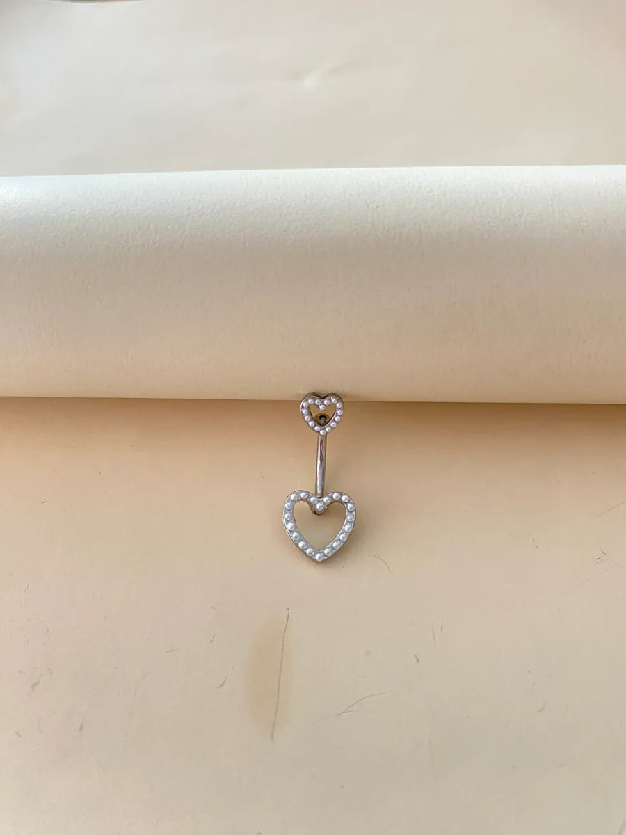 Casual Simple Style Heart Shape Stainless Steel Alloy Plating Hollow Out Inlay Artificial Pearls White Gold Plated Belly Ring